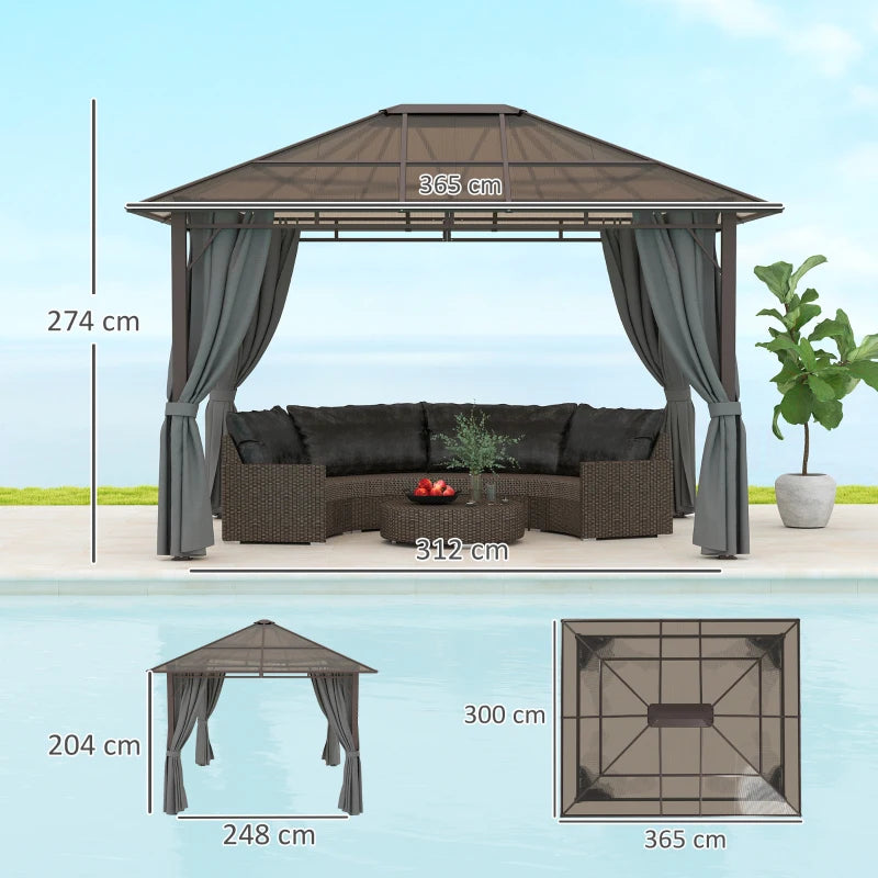 3 x 3.6m Hardtop Gazebo Canopy - Dark Grey Polycarbonate Roof Garden Pavilion with Removable Curtains and Steel Frame