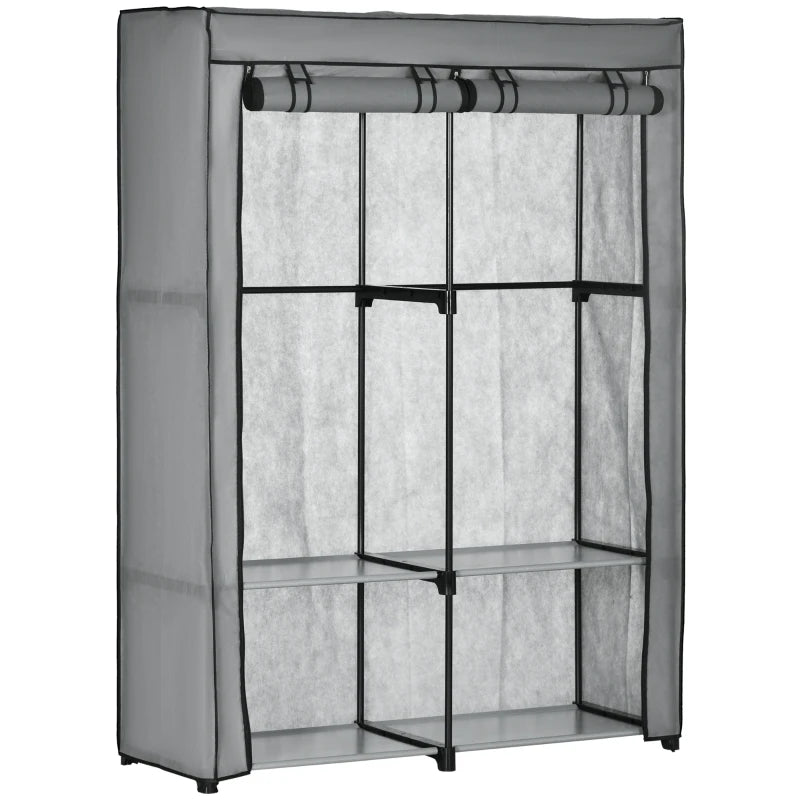 Light Grey Steel Frame Fabric Wardrobe with Rail and Shelves for Organized Storage