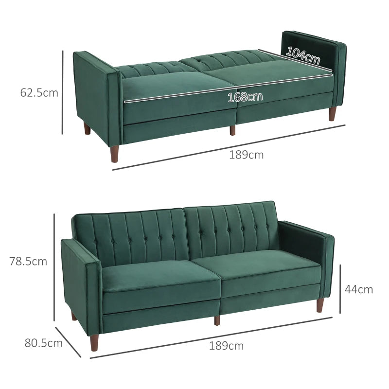 Velvet-Feel Green Three-Seater Sofa Bed for Stylish Living Room Comfort