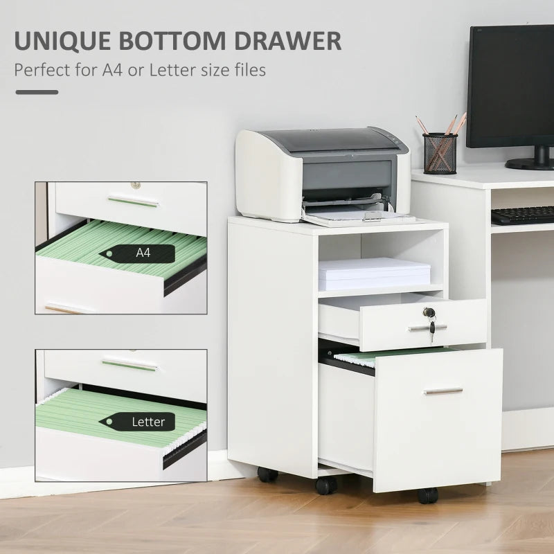 Vinsetto Lockable Two-Drawer Filing Cabinet on Wheels - Modern White Storage Solution for Home Office Organization