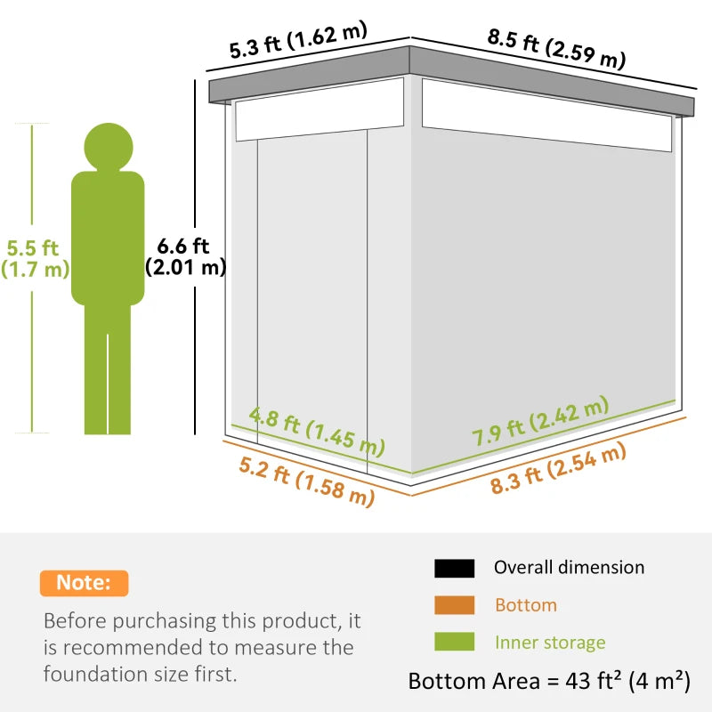 5.3 x 8.5ft Galvanized Steel Garden Shed with Windows, Lockable Door for Outdoor Storage