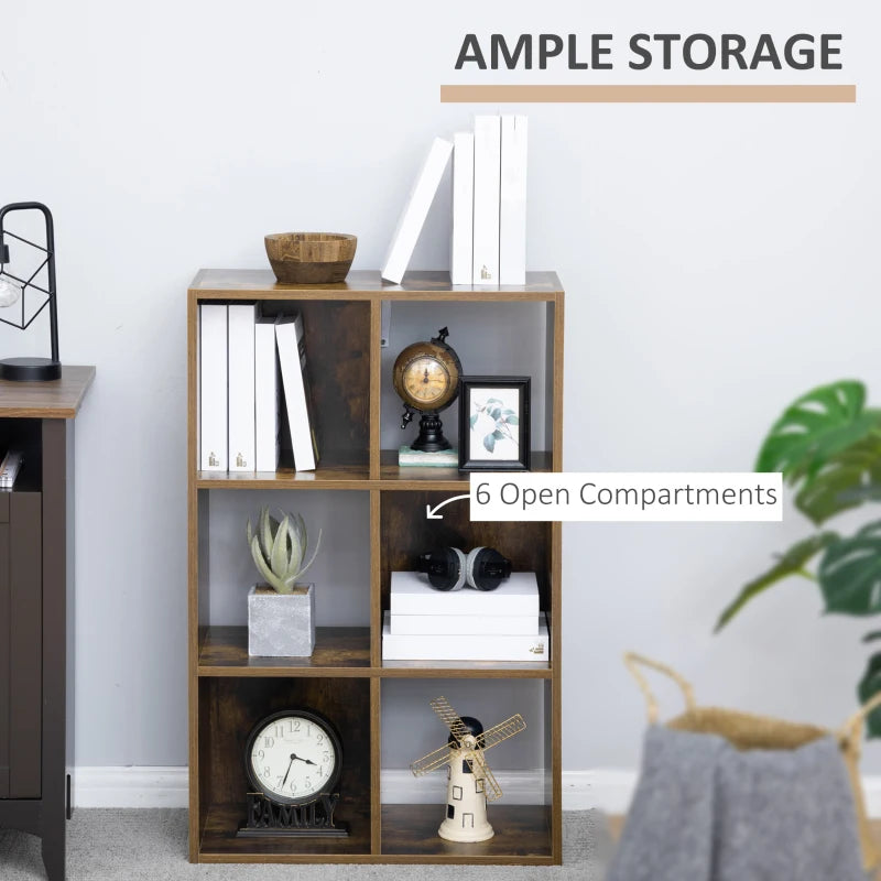 Industrial Style 6-Compartment Storage Shelf - Rustic Brown Freestanding Bookcase for Living Room & Home Study