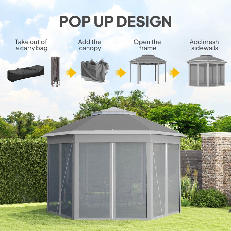 3x4m Dark Grey Hexagon Garden Gazebo - Pop Up Party Tent Canopy with Double Roof, Netting & Carry Bag for Outdoor Patio
