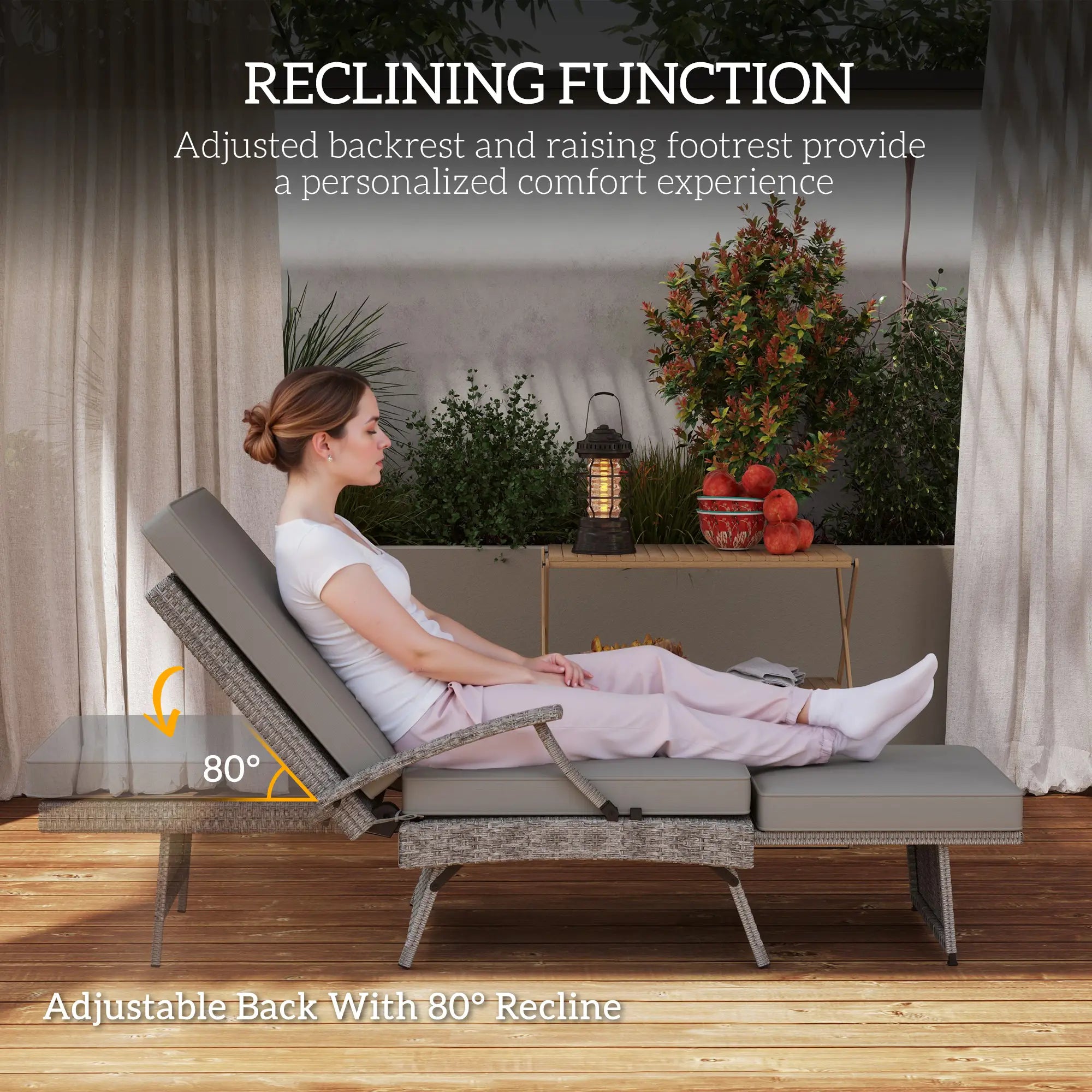 80° Reclining Rattan Lounger With Padded Cushions - Grey