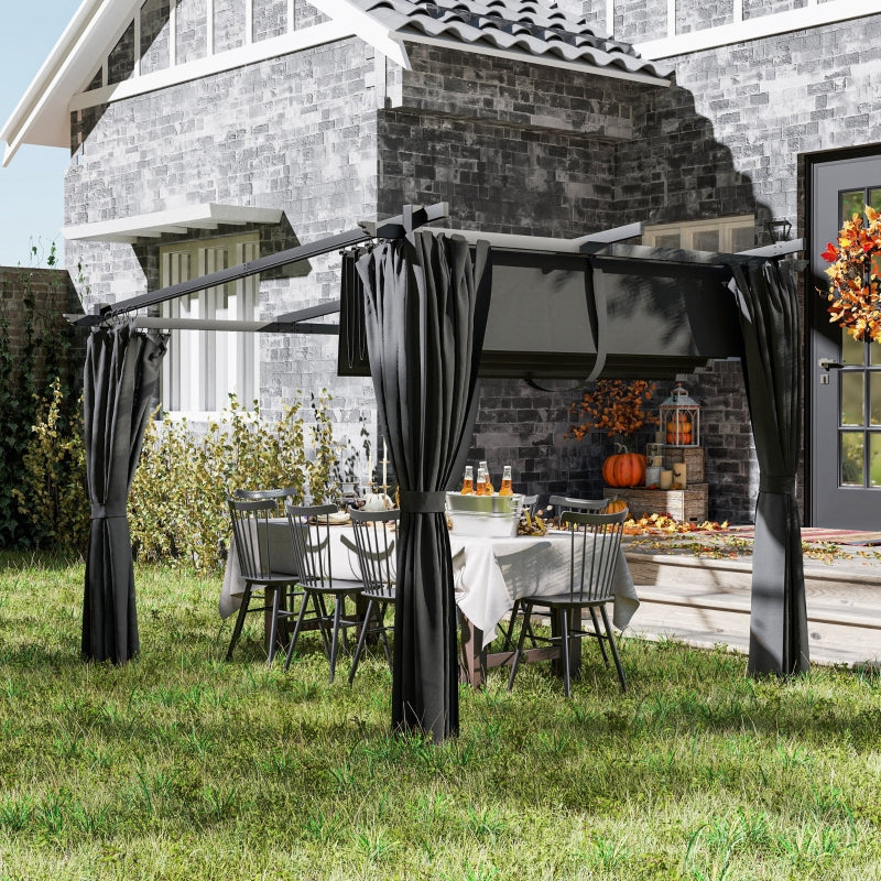 3m x 3m Dark Grey Retractable Roof Pergola with Curtains