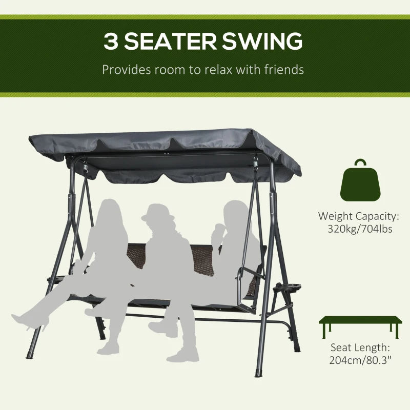 3 Seater Rattan Garden Swing Chair with Adjustable Canopy - Steel Frame