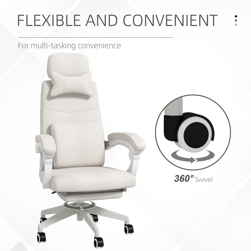 Vinsetto White Linen-Look Office Chair with 160° Reclining Back and Footrest - Ergonomic Comfort for Home & Office