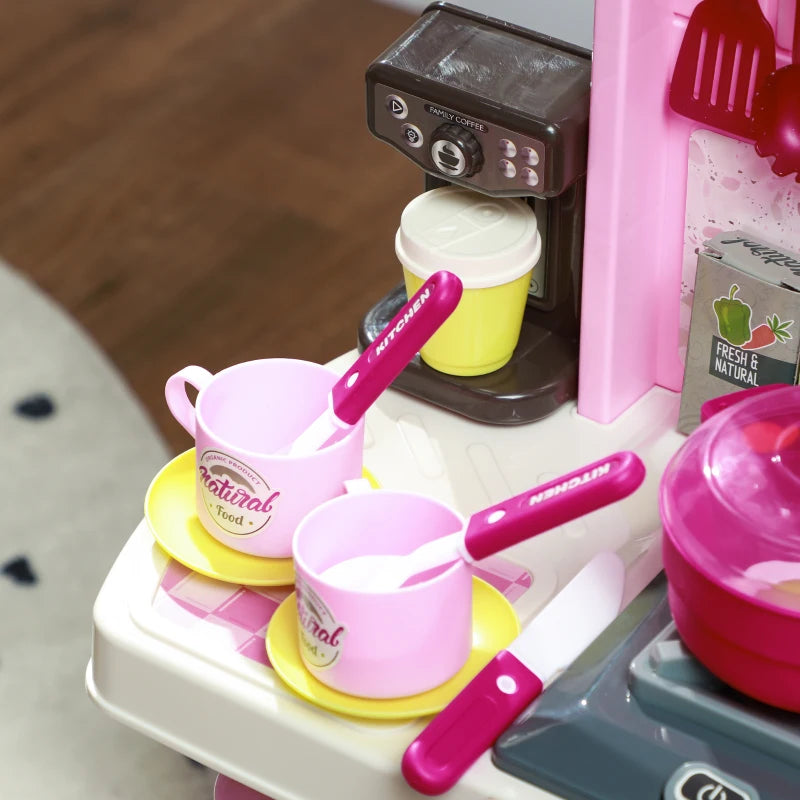 Kids Play Kitchen Set with 33 Accessories Lights Sounds Storage for Ages 3-6 Pink