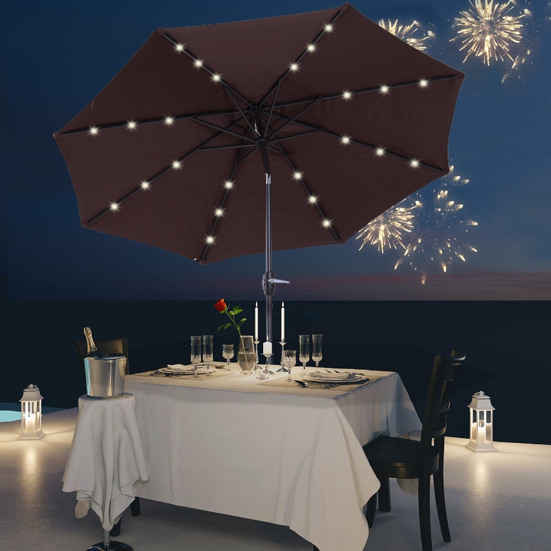 Brown Solar LED Light Tilt Patio Umbrella with Hand Crank - 2.7m