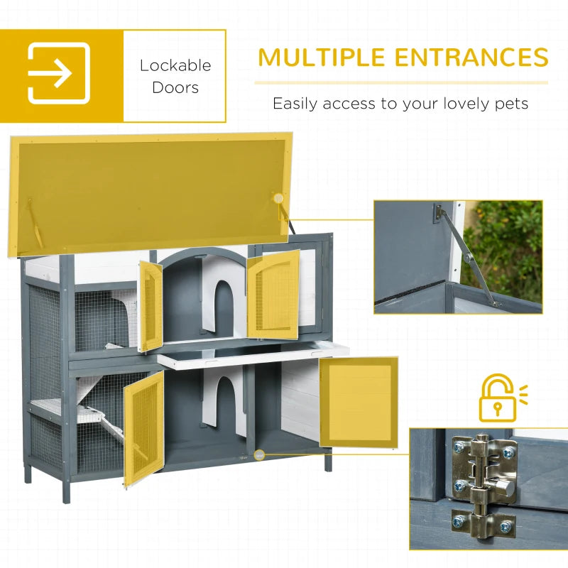 Premium 2-Tier Outdoor Rabbit & Guinea Pig Hutch - Wooden Cage with Ramp, Divider & Openable Roof - 125x48x100cm Grey