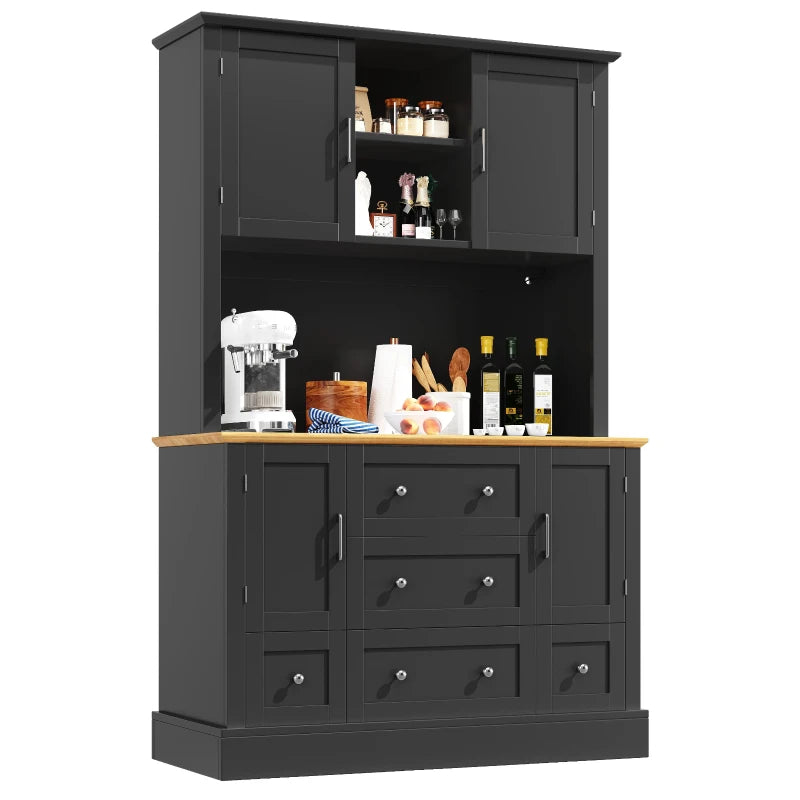 Tall Kitchen Cabinet with Open Shelf & 5 Drawers - Large Storage Cupboard for Dining Room, 115x40x180 cm, Black