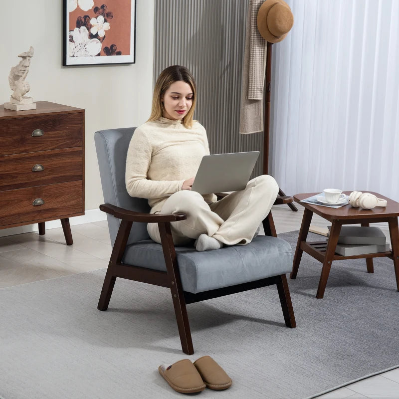 Nordic Accent Chair - Upholstered Velvet Armchair with Solid Wood Frame & Thick Padding for Living Room/Bedroom - Grey