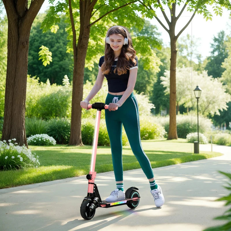 Folding Electric Scooter for Kids with Dual Brakes Front Suspension and LED Lights in Pink