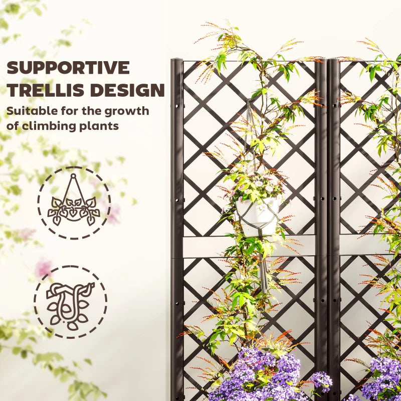 Brown Raised Garden Bed with Trellis - 48" Plastic Planter Box for Climbing Plants, Vegetables, and Flowers with Drainage Holes