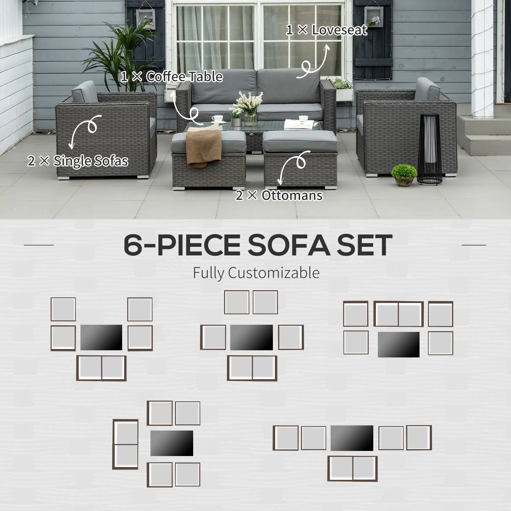 Grey 6 Piece Rattan Sofa Set With Loveseat Stool