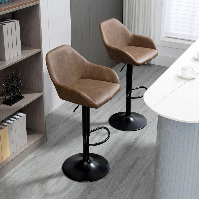 Set of 2 Height Adjustable Swivel Bar Stools with Backs, Armrests & Footrest - Dark Brown PU Leather Kitchen Seating
