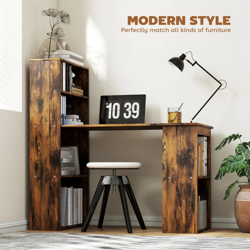 120cm Rustic Brown Wooden Computer Desk with 6-Tier Bookshelves - Home Office Laptop Table & Writing Workstation