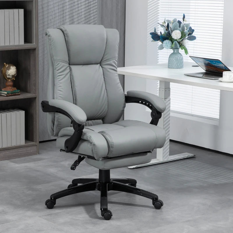 Vinsetto Grey PU Leather Office Chair with Footrest, Swivel Design, Adjustable Height, Wheels - Ergonomic Computer Chair
