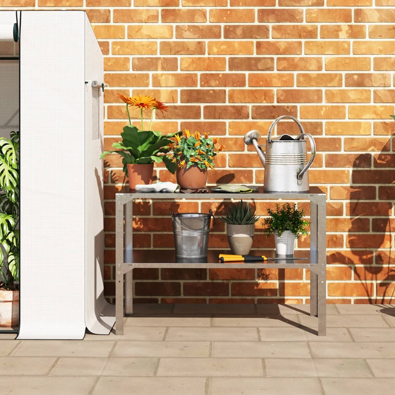 2 Tier Galvanised Steel Potting Bench Table - Silver Tone, 110 x 50 x 75 cm - Outdoor Garden Workstation with Storage Shelf for Patio and Greenhouse