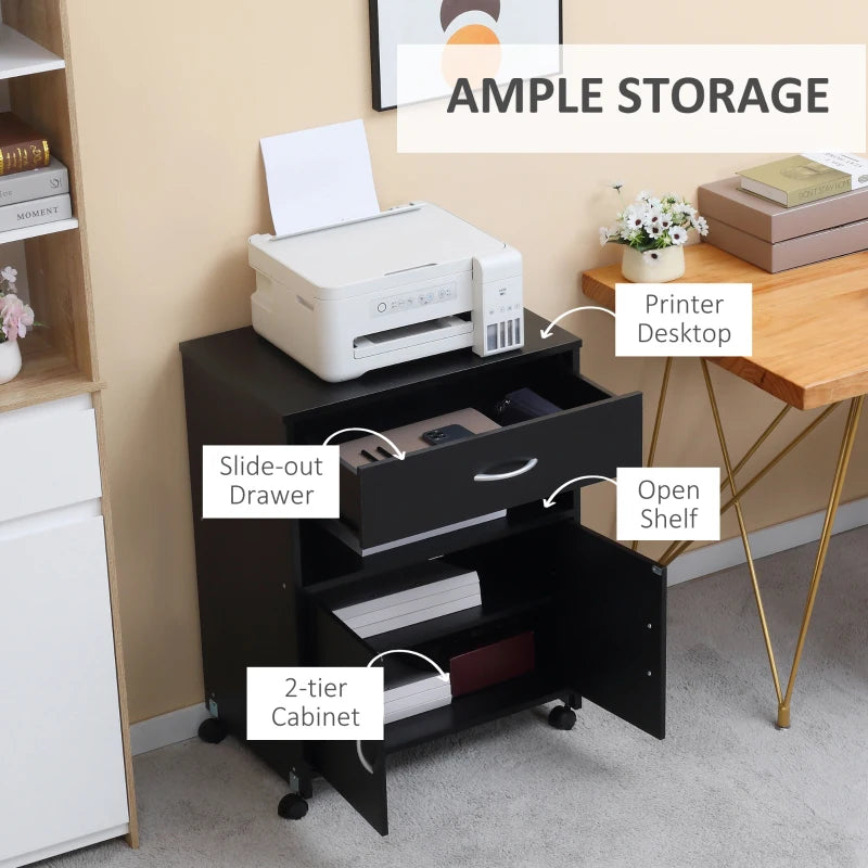 Vinsetto Mobile Printer Stand with Storage Drawer & Open Shelf - Home Office Cabinet, 60cm x 39cm x 80cm, Black
