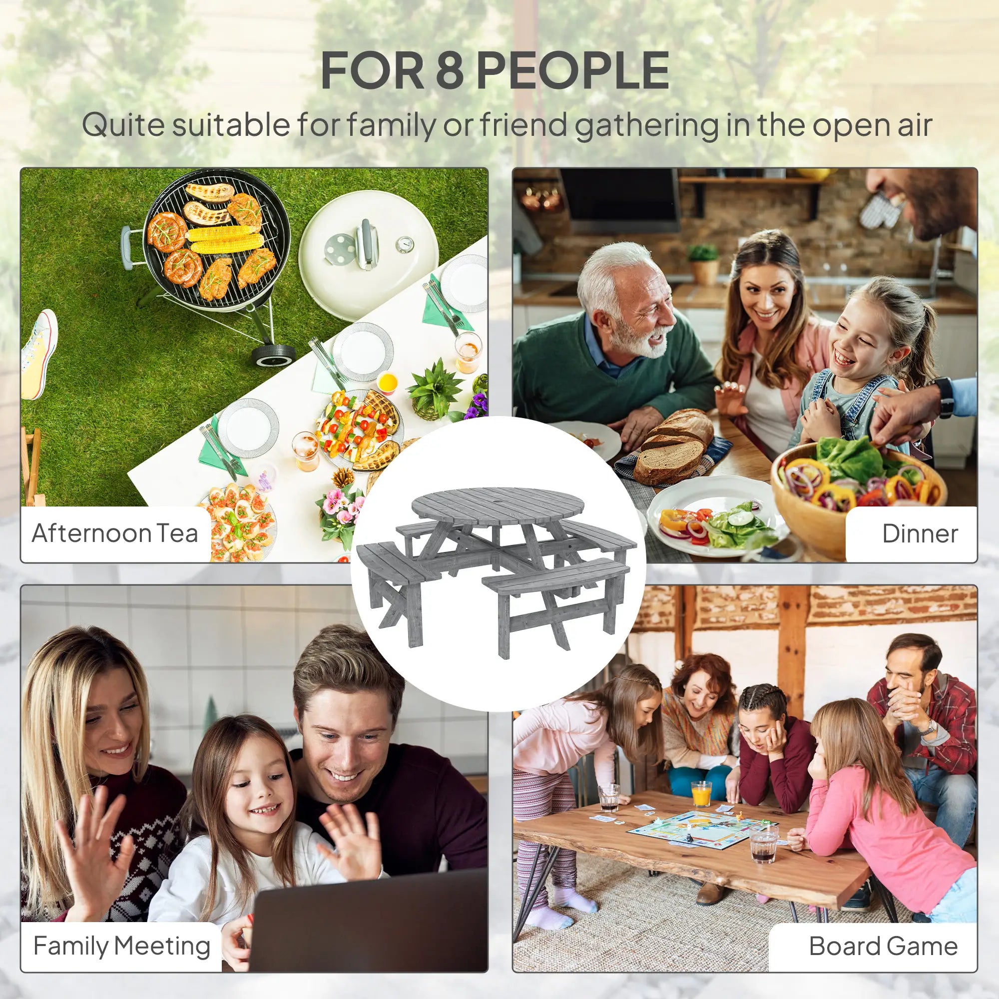 Grey Fir Wood 8-Seater Wooden Picnic Set -  Slatted Tabletop - Suits 8 People