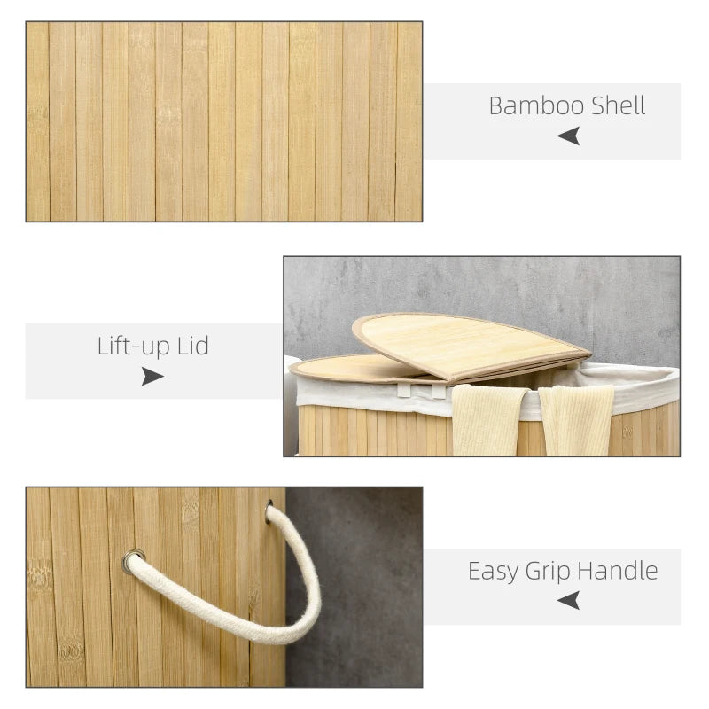 Natural Bamboo Laundry Basket with Lid - 100L Hamper, 2 Sections, Removable Washable Lining, 62.5x37x60.5cm