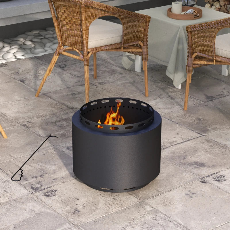 Portable Smokeless Fire Pit 48.5cm - Black Metal Wood Burning Firepit with Poker for Garden, Camping & Bonfire Parties