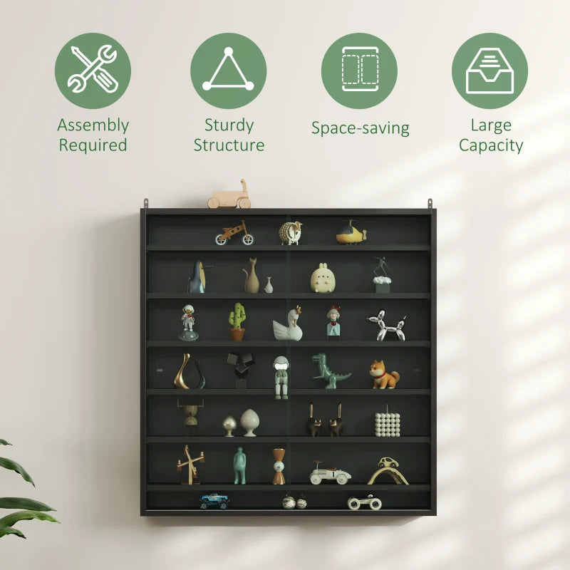 Modern Black Six Shelf Display Cabinet with Glass Doors - Stylish Storage Solution for Home or Office