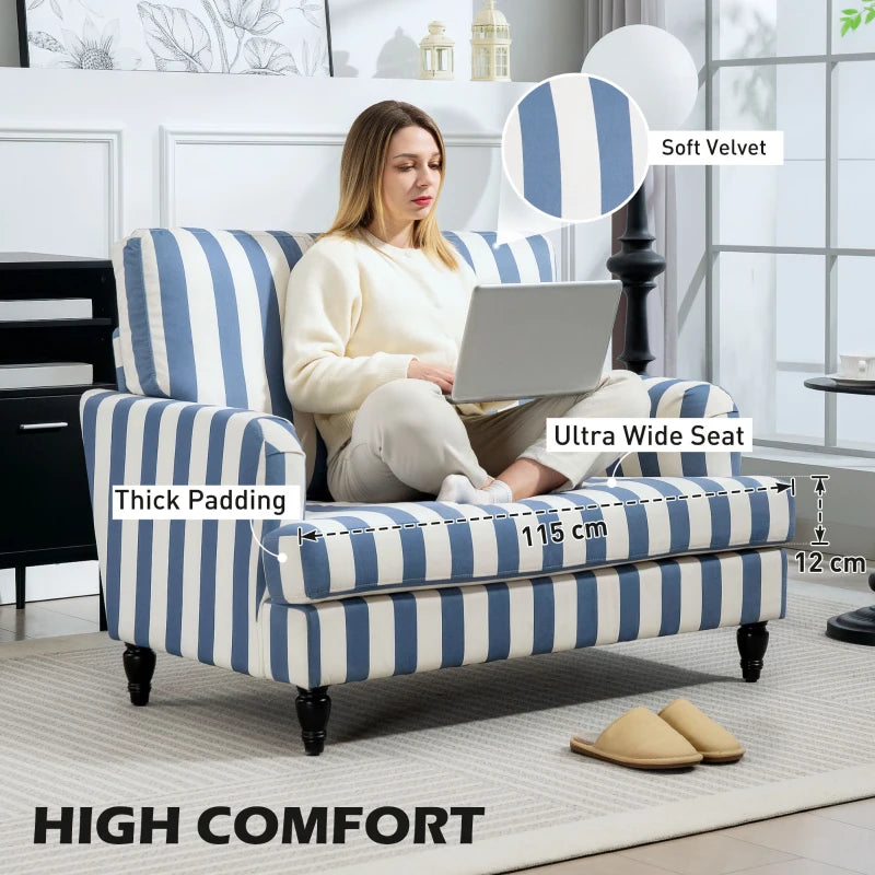 Velvet Cuddle Chair with Striped Design, Upholstered Snuggle Armchair for Living Room or Bedroom, Blue and White