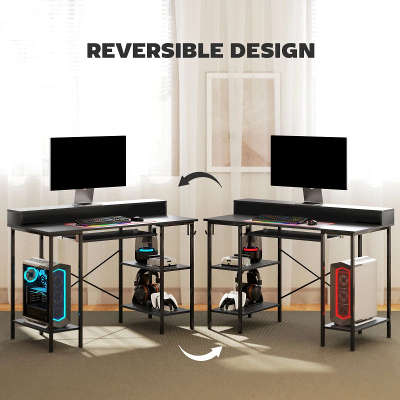 LED Gaming Computer Desk with Power Outlets, 120x55 cm, Monitor Stand, Sliding Keyboard Tray & Storage Shelves - Black