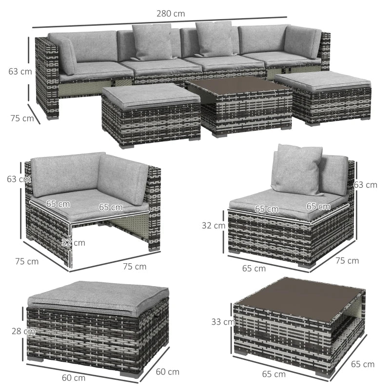 Seven-Piece Rattan Sofa Set With Cushions - Grey