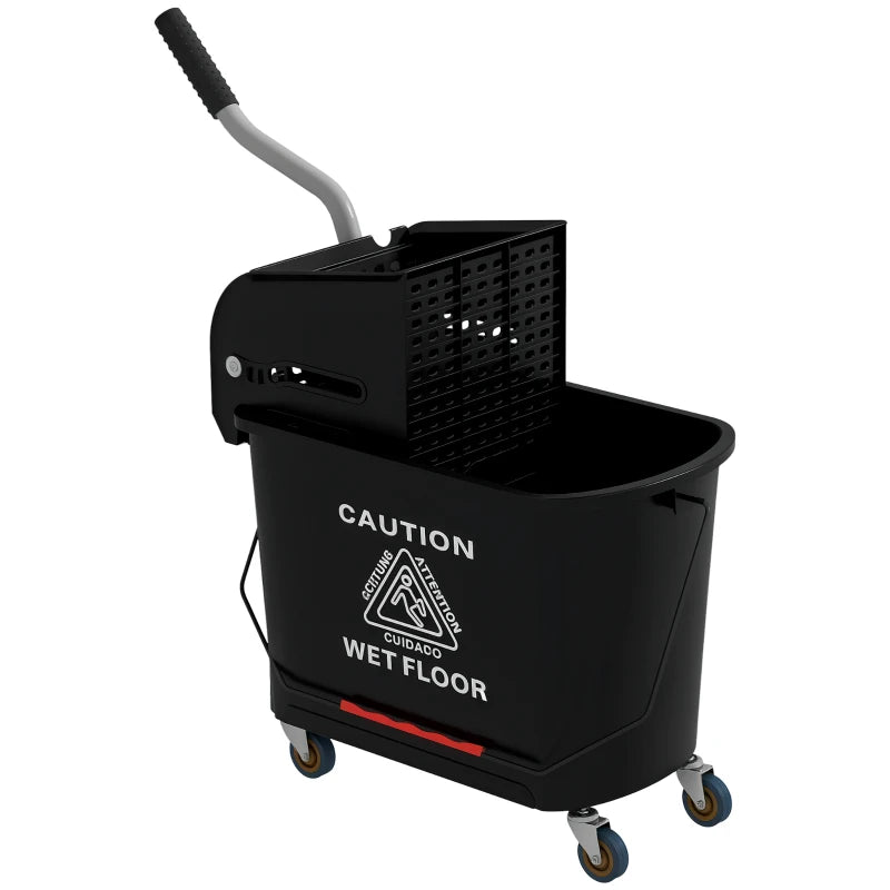 20L Compact Mop Bucket on Wheels with Water Separation Panel - Durable Black Cleaning Solution for Efficient Floor Care
