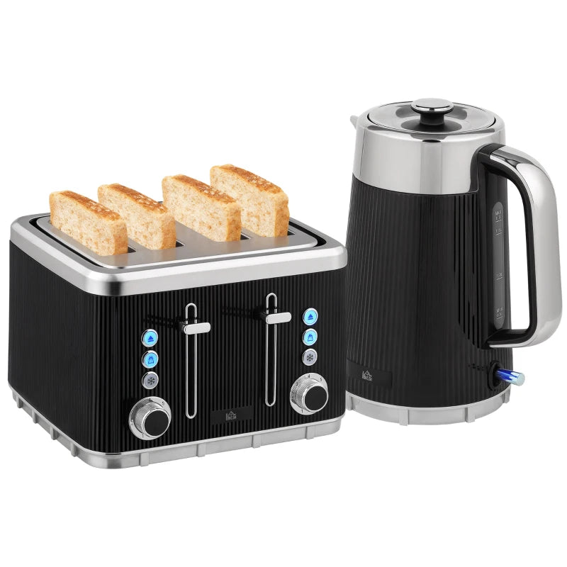 Electric Stainless Steel Kettle & Toaster Set - 3000W Fast Boil 1.7L Kettle with Limescale Filter & 4 Slice Toaster - Black