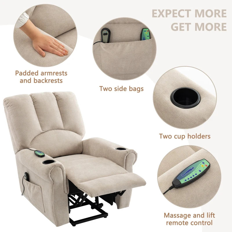 Electric Power Lift Massage Chair with Heating, Side Pockets, Stand Assist, Cup Holders, Recliner for Elderly, Beige