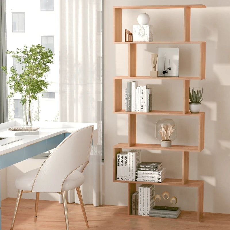 Unique 6-Tier S-Shaped Bookcase - Stylish Storage & Display Shelf for Living Room, Bedroom, Home Office, Plants - Maple Finish