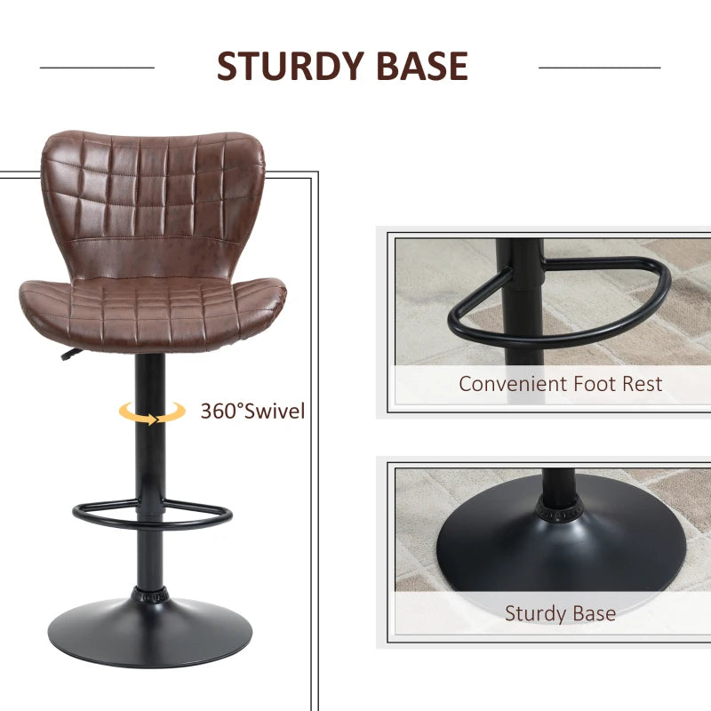 Set of 2 Adjustable Height Swivel Bar Stools in Brown PU Leather with Backrest & Footrest - Modern Design