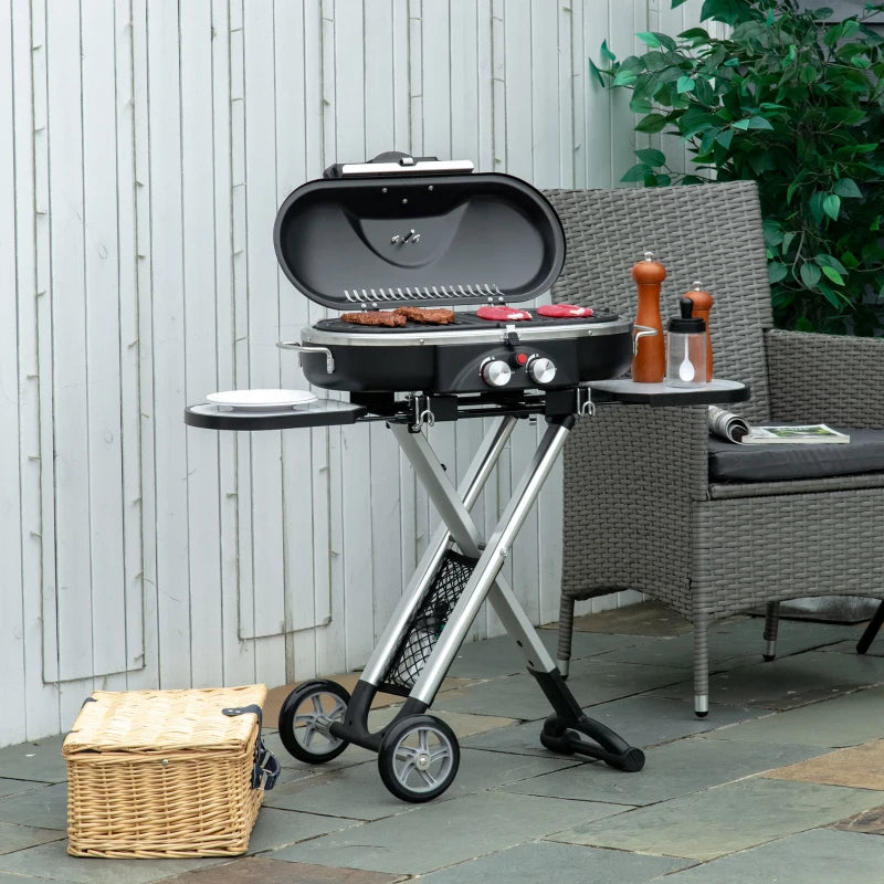 Foldable 2-Burner Gas BBQ Grill with Side Shelves - Black