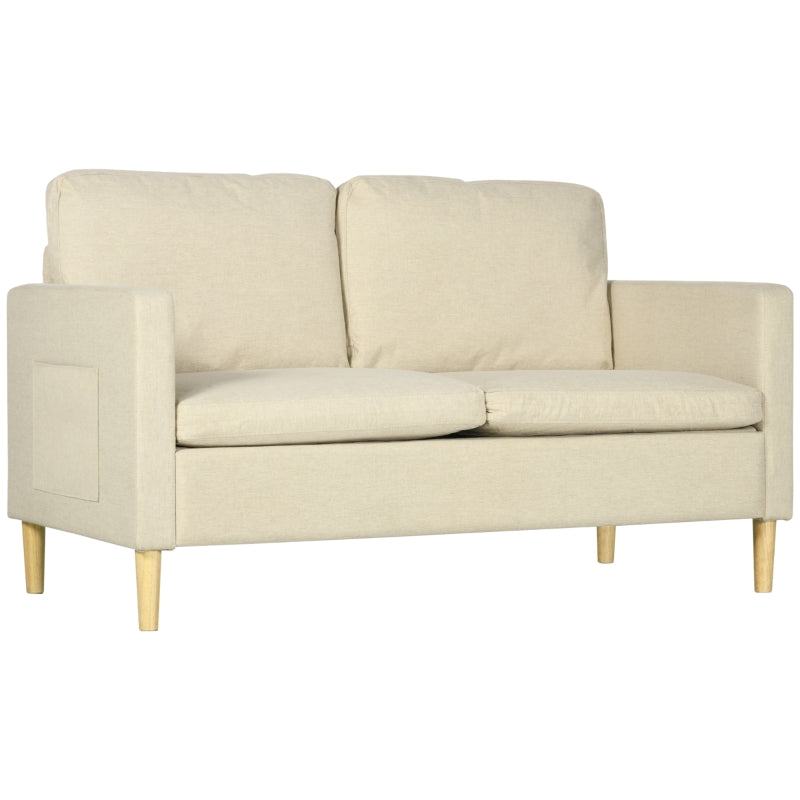 Modern Two-Seater Sofa for Living Room, Stylish Fabric Couch with Wooden Legs and Storage Pockets, Beige