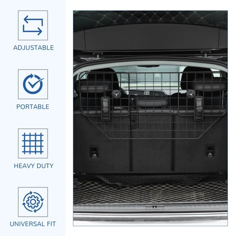 Adjustable Dog Guard for Cars - Metal Mesh Boot Barrier & Pet Headrest, 90-120W x 40.5H cm