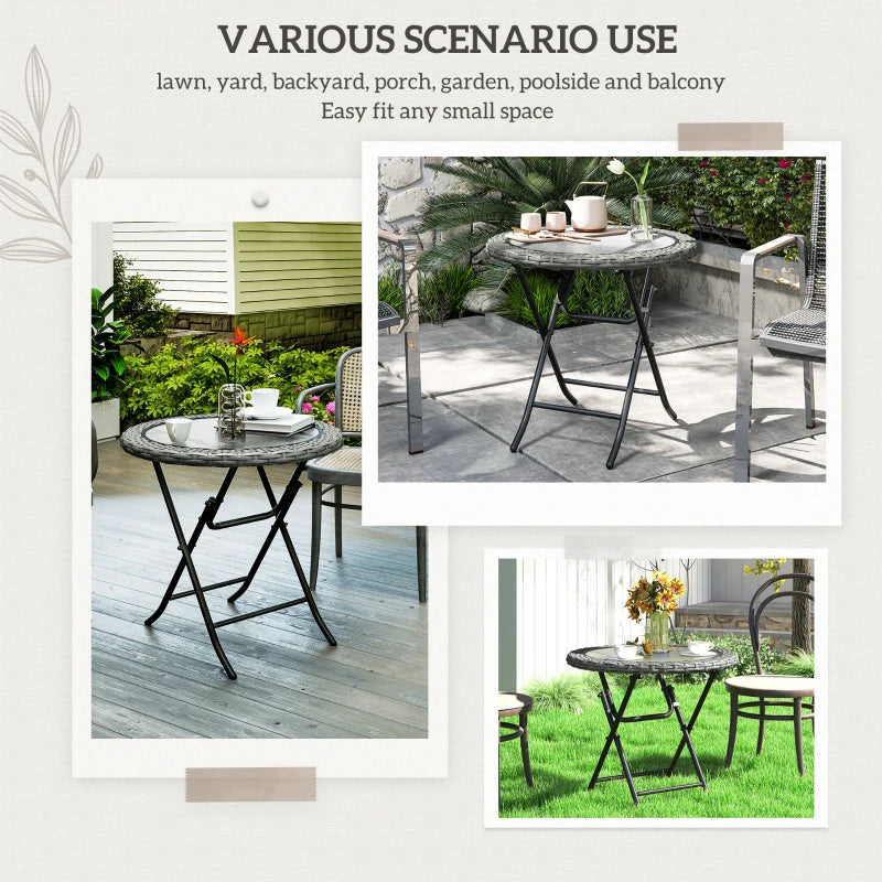 Folding Round Tempered Glass Garden Table - 60cm, Grey Rattan Edging