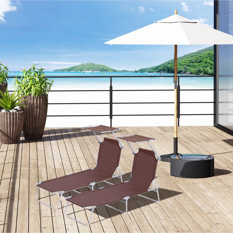 Brown Foldable Sun Lounger Set with Adjustable Backrest and Sun Shade Awning