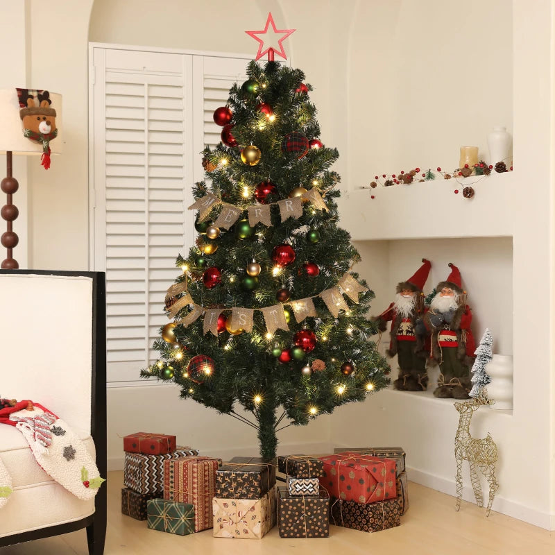 6ft Pre-Lit Christmas Tree with Red and Green Decorations, Warm White Lights - Perfect Holiday Decor