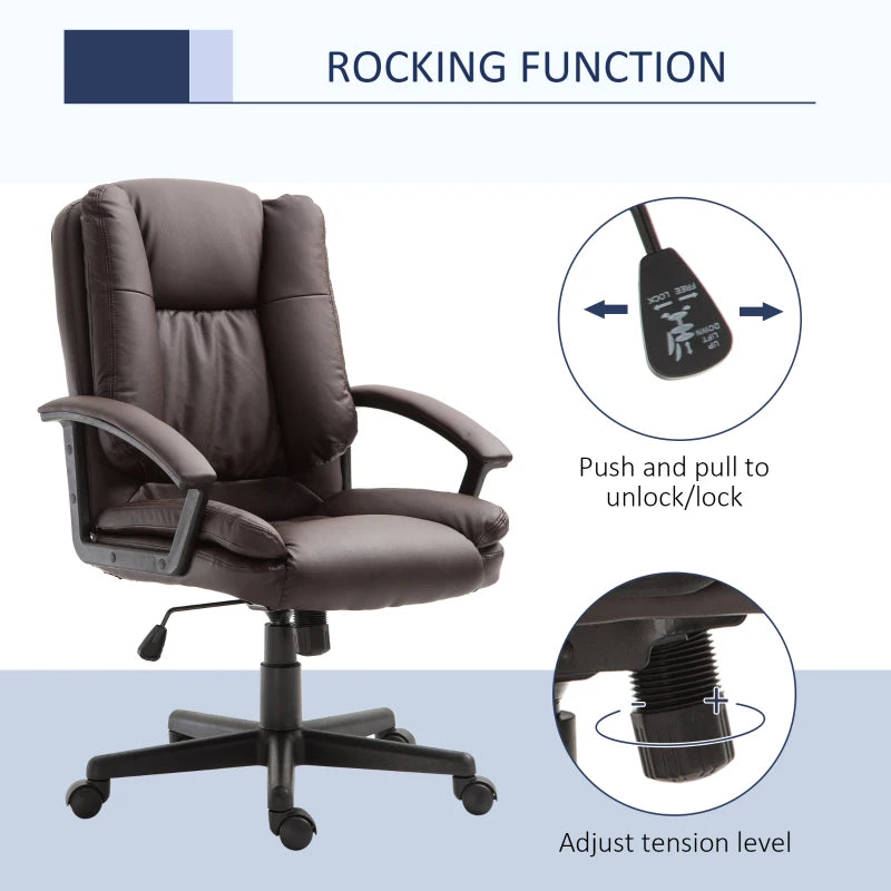 Brown PU Leather Mid Back Office Chair - Adjustable Height, Swivel Rolling Wheels - Ideal for Home Study & Computer Desk