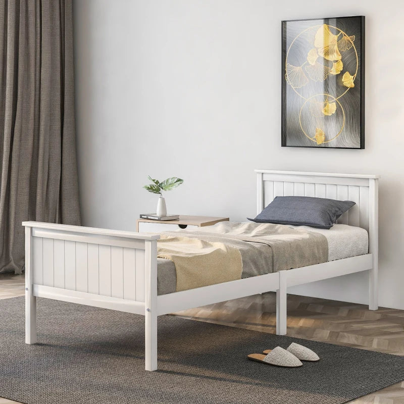 Stylish White Wood Bed Frame with Headboard & Footboard - Single Bed for Kids & Guest Room, 199x96x82 cm
