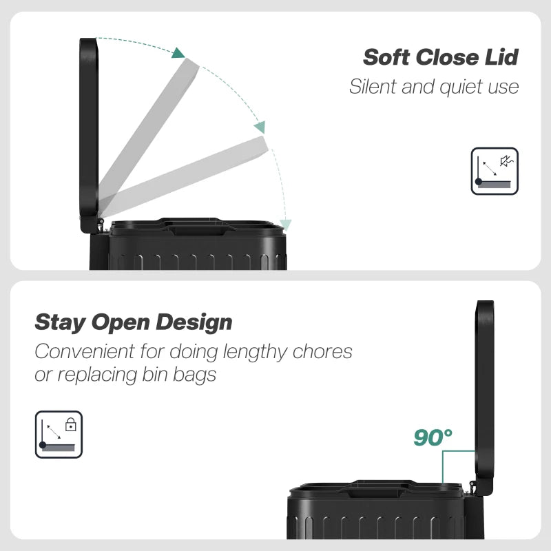 40L Dual Compartment Rubbish Bin with Soft-Close Lid - Stylish Black Trash Can for Kitchen & Home Organization