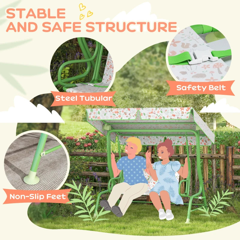 Kids Garden Swing Chair - Green 2 Seater Hammock with Adjustable Canopy & Safety Belt for Patio and Porch