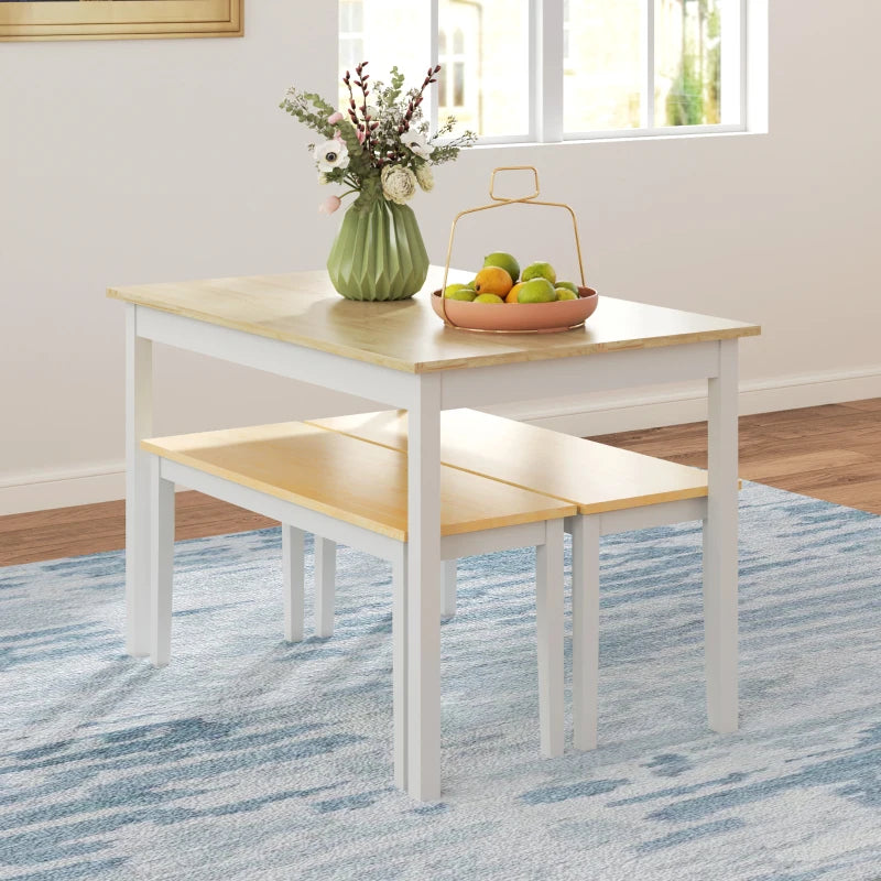 Farmhouse Dining Table and Bench Set - Wooden Frame Kitchen Furniture for Living Room, Natural & White Finish