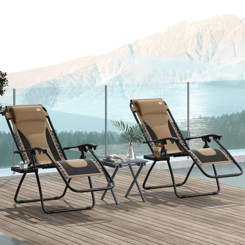 Grey Sun Lounger Chair Set of 2 - Folding Reclining Patio Chairs with Padded Seat, Soft Cushion, Headrest, and Cup Holder