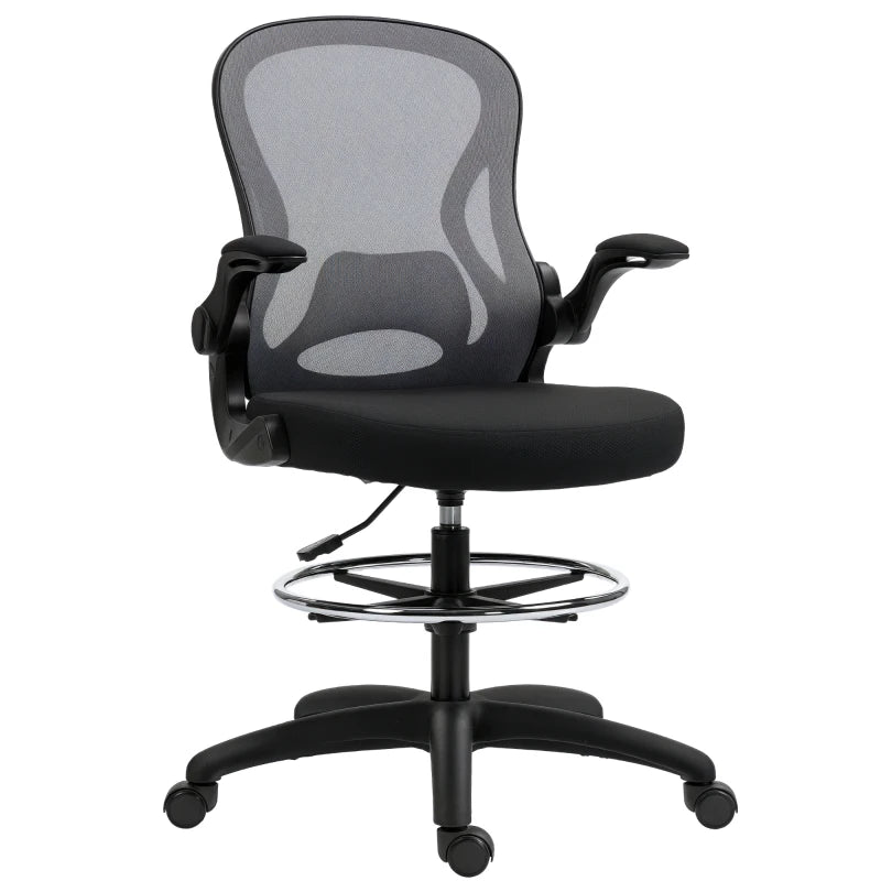 Vinsetto Adjustable Mesh Standing Desk Chair - Flip-up Armrests, Lumbar Support, Adjustable Footrest, Dark Grey