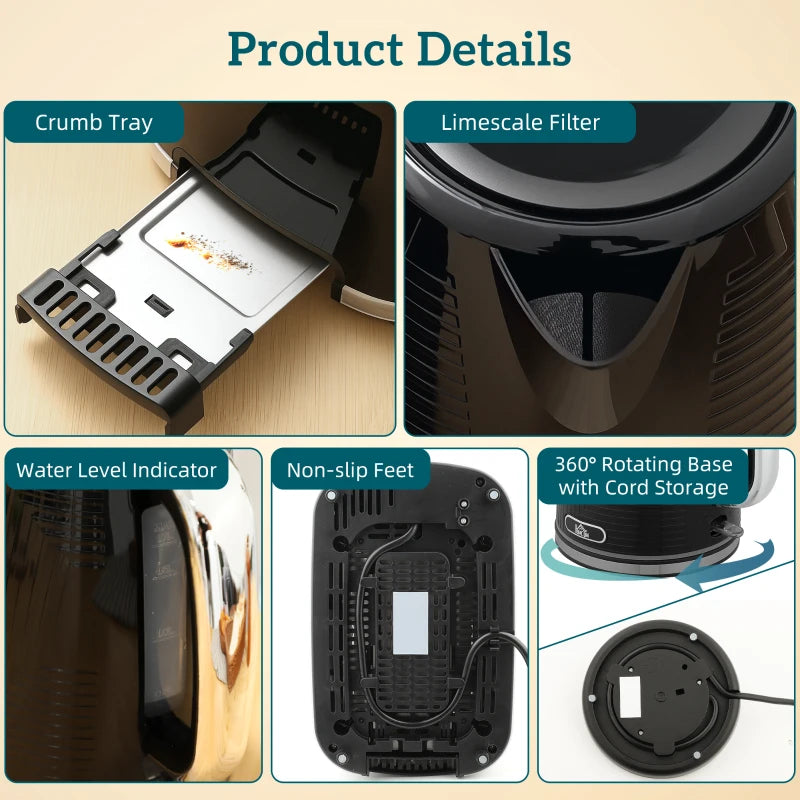 Sleek Black Modern Kettle and Toaster Set - Stylish Kitchen Appliances for Effortless Breakfast Preparation